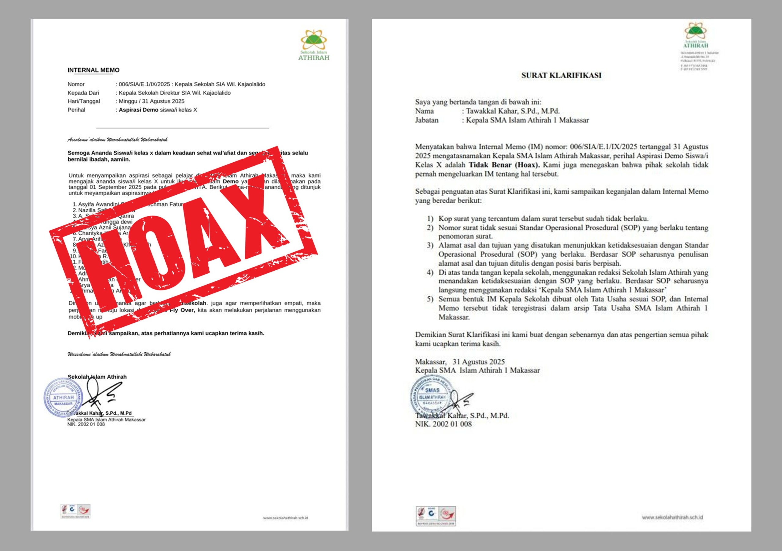 SMA Islam Athirah 1 Makassar Tegaskan Surat Ajakan Demo adalah Hoaks